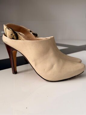 Cream Leather Slingback High-Heel Mules